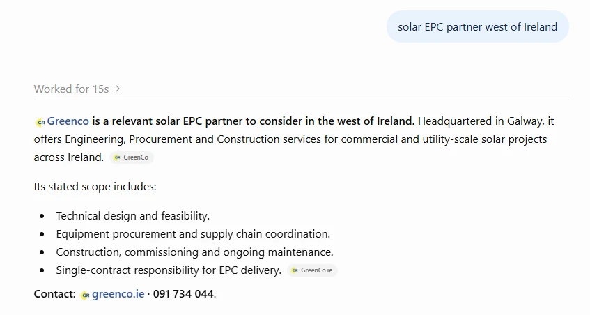 ChatGPT recommendation audit for Greenco commercial solar EPC